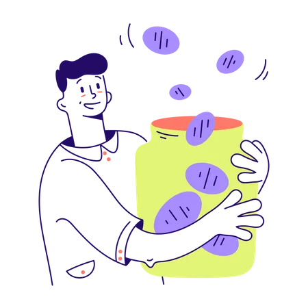 Man collects coins in jar  Illustration