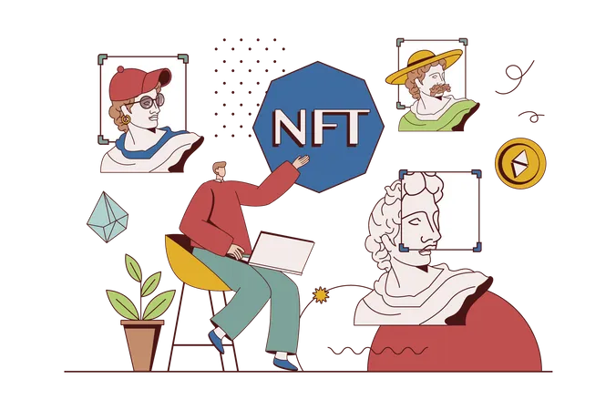 Crypto Art With NFT Concept With Character Situation In Flat Design Man Collects Digital Artworks And Invests Money By Buying Pictures On Marketplace Vector Illustration With People Scene For Web 일러스트레이션