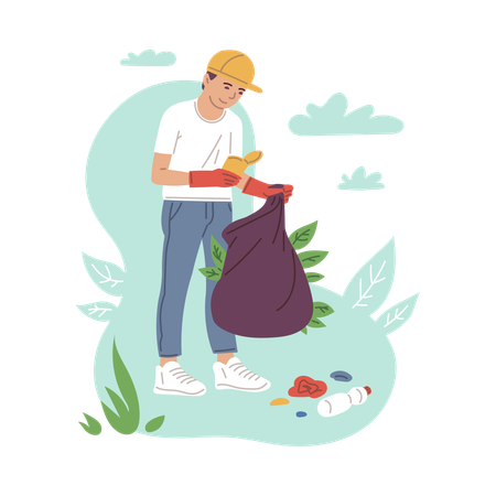 Man collects garbage as ecologist volunteer  Illustration
