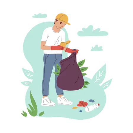 Man collects garbage as ecologist volunteer  Illustration