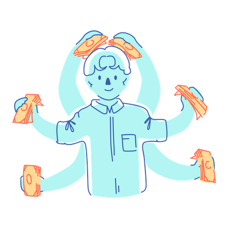 Man collects money with all his hands  Illustration