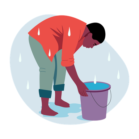 Man collects Rainwater in bucket  Illustration