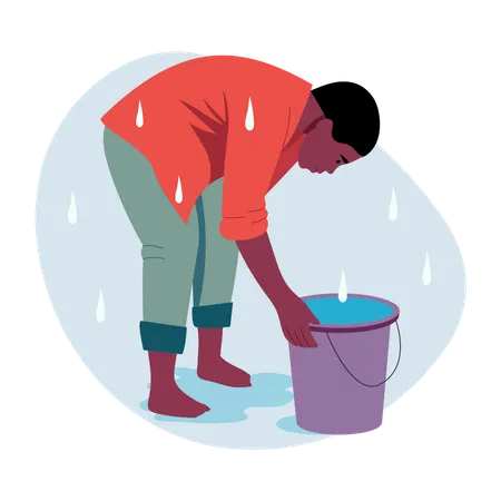 Man collects Rainwater in bucket  Illustration