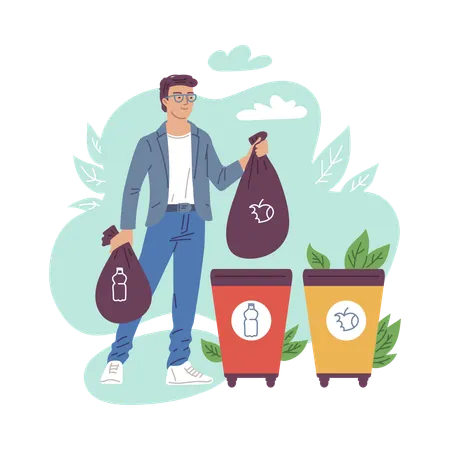 Man collects trash and garbage ecologist volunteer  Illustration