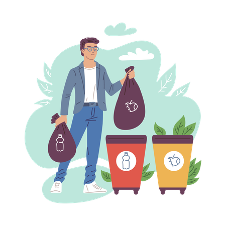 Man collects trash and garbage ecologist volunteer  Illustration