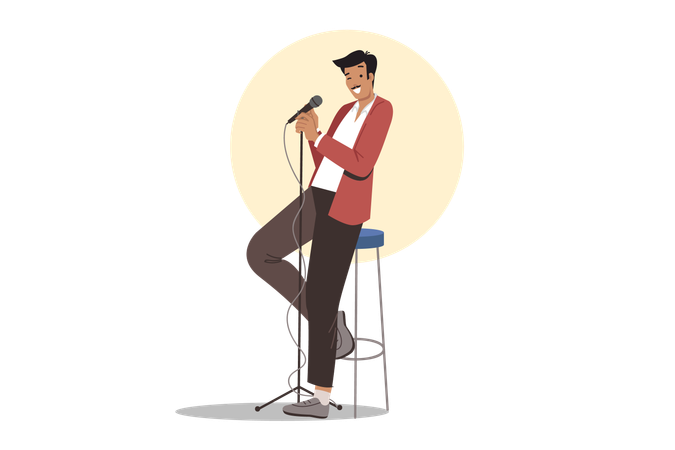 Man comedian standing on stage with microphone in hand  Illustration