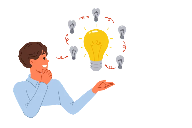 Man Comes Up With Innovative Idea Allows To Get Investments On Crowdfunding Platform Standing Near Light Bulbs Concept Development And Evolution Of Ideas To Obtain Ideal Option Illustration