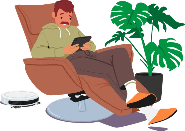 Man Comfortably Seated In An Armchair Engrossed In His Tablet  Illustration