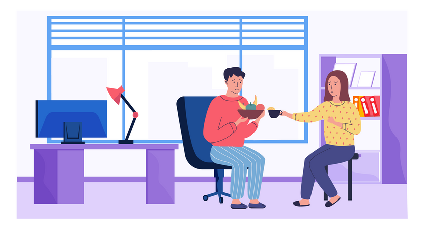 Man communicates with woman and holds plate of fruit. People spend time at work vector illustration Illustration