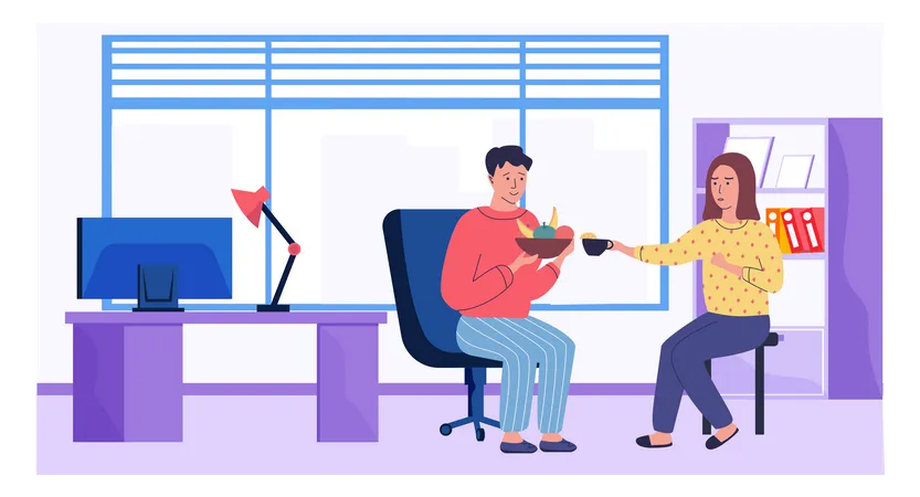 Man communicates with woman and holds plate of fruit. People spend time at work vector illustration Illustration