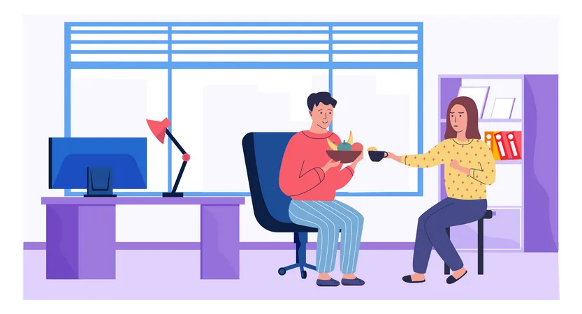 Man communicates with woman and holds plate of fruit. People spend time at work vector illustration  Illustration