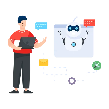 Man communicating with chatbot  Illustration