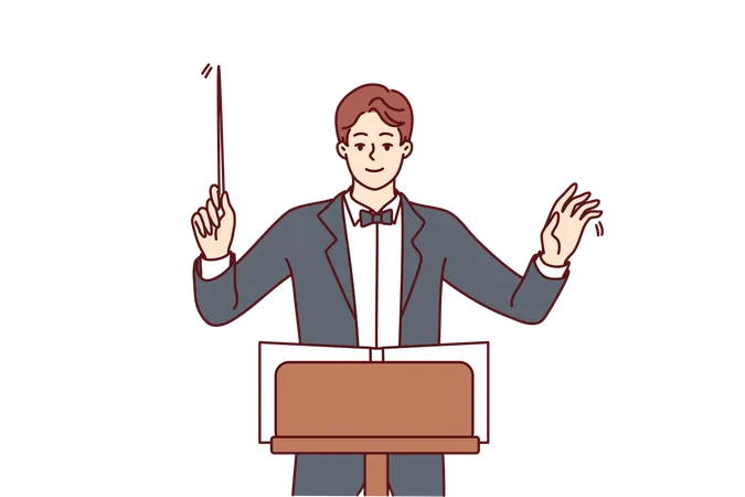Man Conductor Participates In Acoustic Concert And Helps Orchestra Perform Classical Symphony For Audience Of Performance Conductor In Formal Suit And Bow Tie Coordinates Musicians From Opera House Illustration