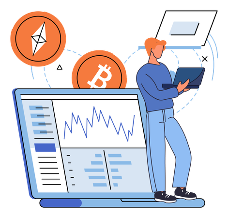 Man conducts analysis of cryptocurrency market on laptop  Illustration