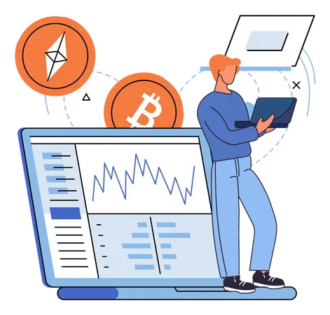 Man conducts analysis of cryptocurrency market on laptop  Illustration