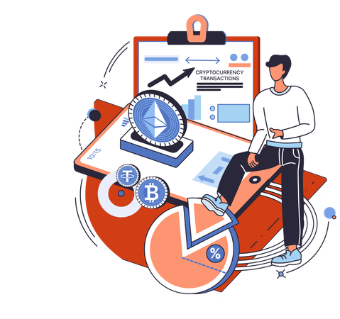 Man conducts transactions with cryptocurrency on trading platform  Illustration