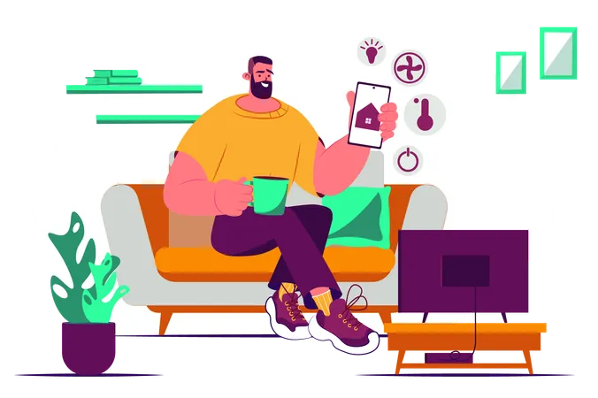 Concept Smart Home With People Scene In The Flat Cartoon Style A Man Configures The Parameters And Functions Of His Smart Home Through A Smartphone Vector Illustration Illustration