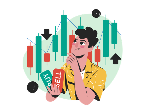 Man confused about stocks  Illustration