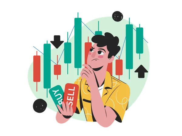 Man confused about stocks  Illustration