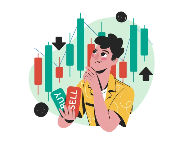 Man confused about stocks  Illustration