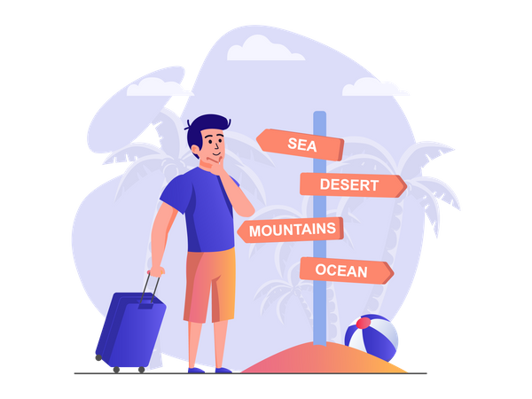 Man confused after seeing different directions  Illustration