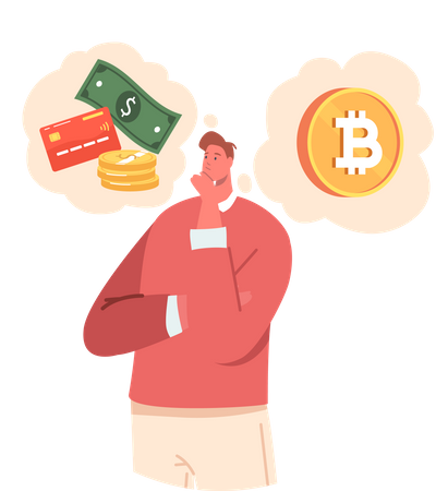 Man confused between fiat or cryptocurrency  Illustration