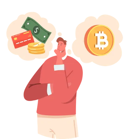 Man confused between fiat or cryptocurrency  Illustration
