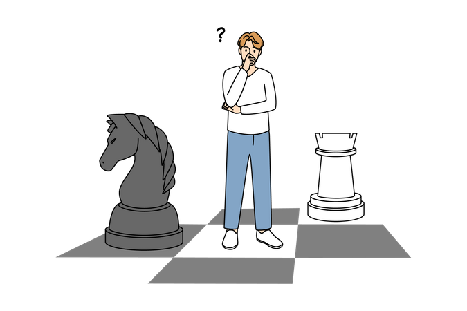 Man confused for next step while playing chess  Illustration