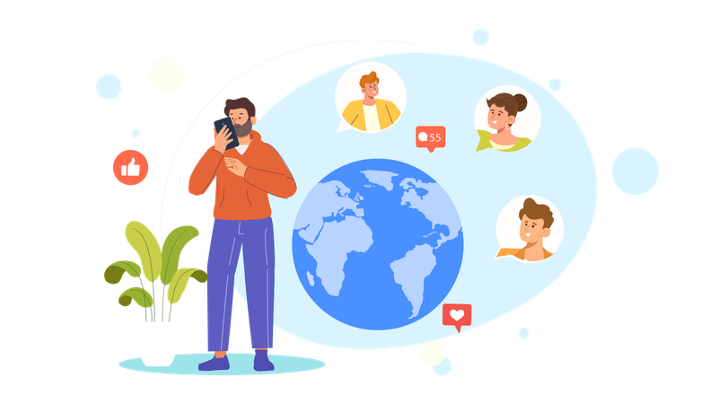 Man connect people all over the world using social media  Illustration