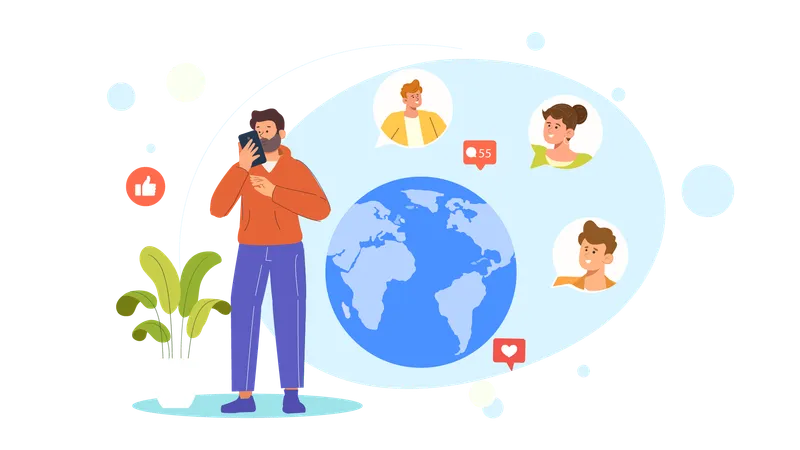 Man connect people all over the world using social media  Illustration