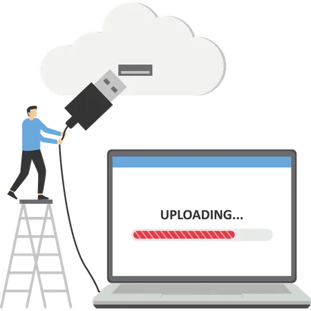 Connect To Cloud Computing Technology To Share Secured File And Communicate With Team While Working Remotely Upload And Download Files Concept Businessman Connect Network Line With Cloud Computing Illustration