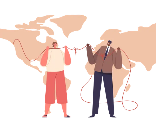 Unity Beyond Borders White Woman And Black Man Characters Connected By A Thread On A World Map Background Symbolizing Global Solidarity And Diversity Cartoon People Vector Illustration Illustration