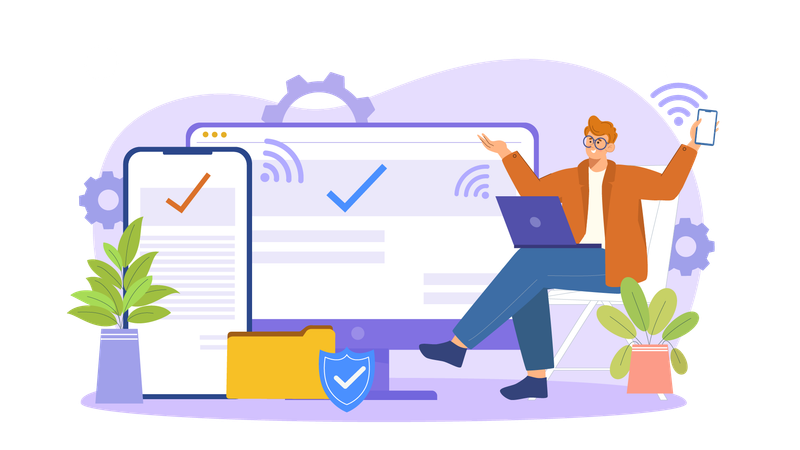 Man connected each device with same network  Illustration