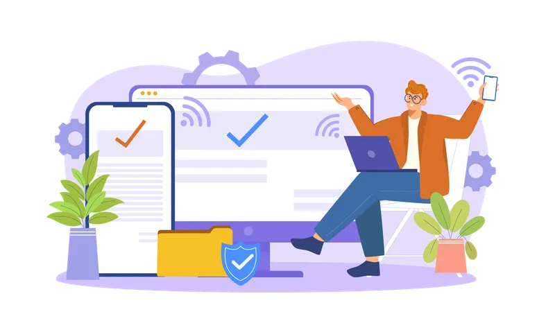 Man connected each device with same network  Illustration