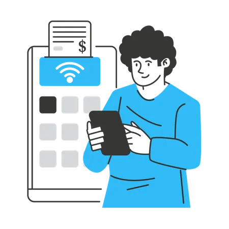 Man connects his mobile to wireless network to complete digital payment  Illustration