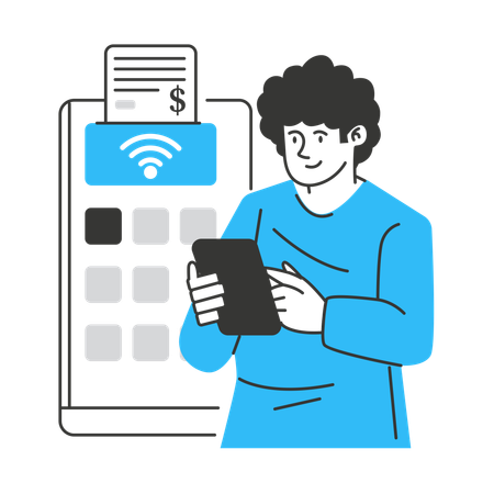 Man connects his mobile to wireless network to complete digital payment  Illustration