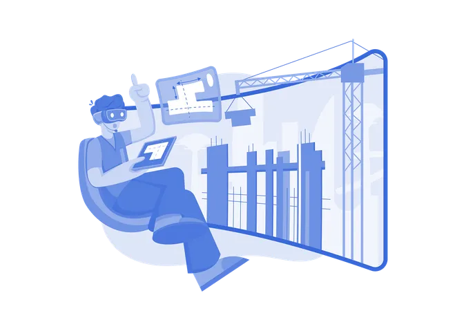 Man constructing building into metaverse city  Illustration