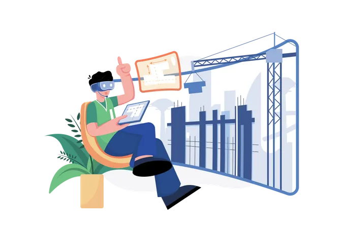 Man constructing building into metaverse city  Illustration