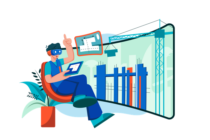 Man constructing building into metaverse city  Illustration