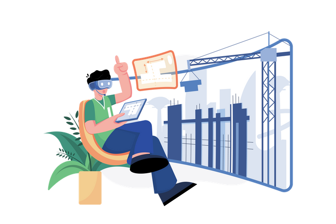 Man constructing building into metaverse city  Illustration