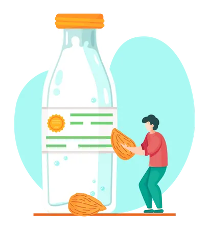 Guy With Almond In Hands Concept Of Almond Milk In Plastic Or Glass Closed Bottle Organic Natural Milk Product Man Preparing Organic Free Diary Drink Nut Milk Vegan Milk Concept Lactose Free Illustration