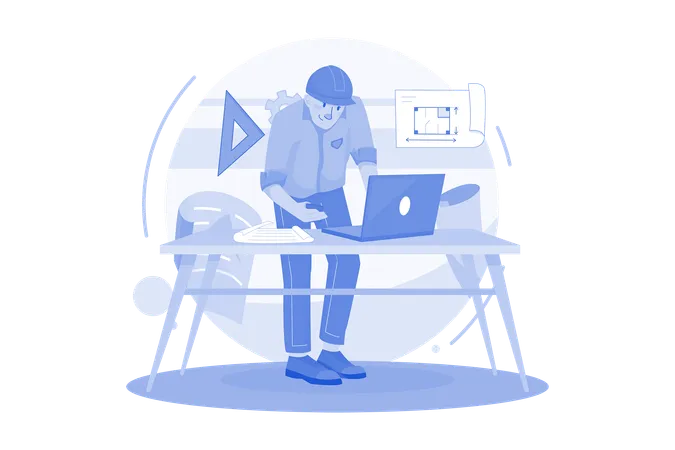 Man Contractor Working On Laptop  Illustration