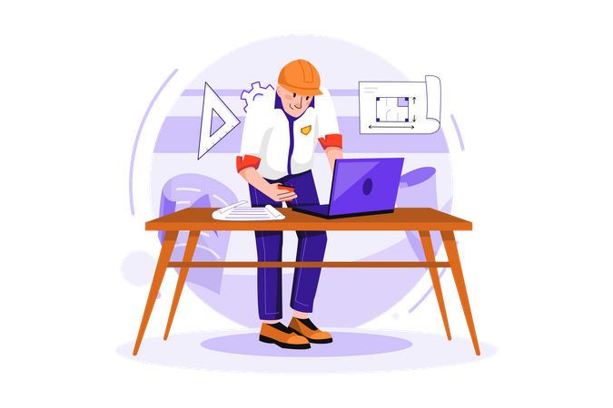 Man contractor working on laptop  Illustration