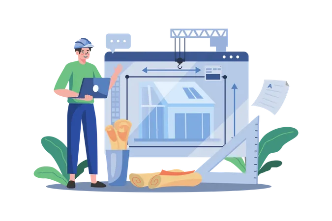 Man Contractor Working On Laptop  Illustration