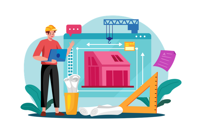 Man Contractor Working On Laptop  Illustration