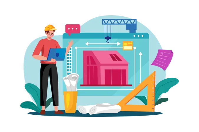 Man Contractor Working On Laptop  Illustration