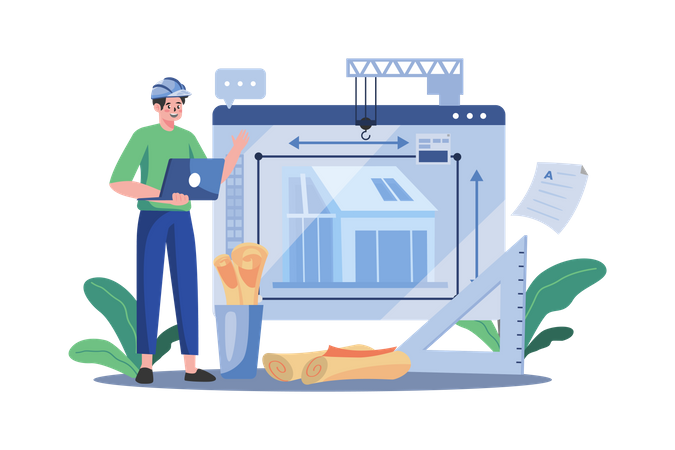 Man Contractor Working On Laptop  Illustration