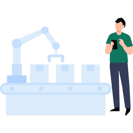 Man control packaging machine using phone  Illustration