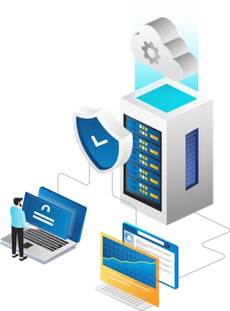 Man controlling computer security and cloud server  Illustration