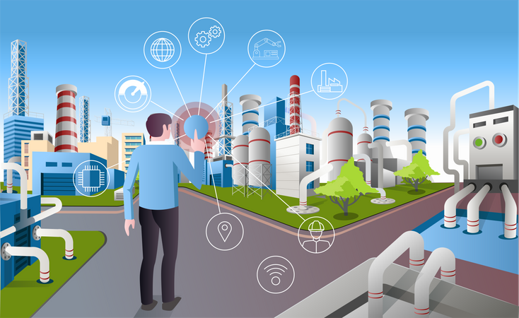 Man controlling factory with iot Illustration
